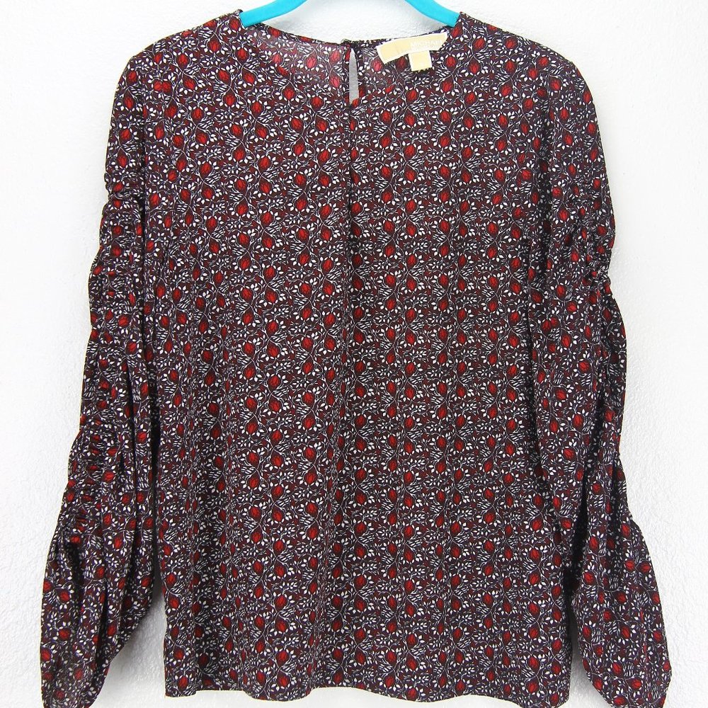 Michael Kors Red Floral Print Long Ruched Sleeve